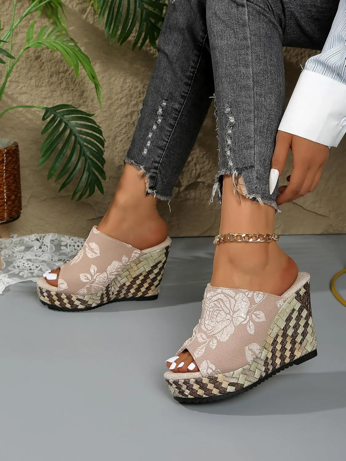 Women's Embroidered Floral Wedge Heel Mules - White Leather Upper, Woven Platform Sandals - Summer Casual Shoes for Vacation & Shopping