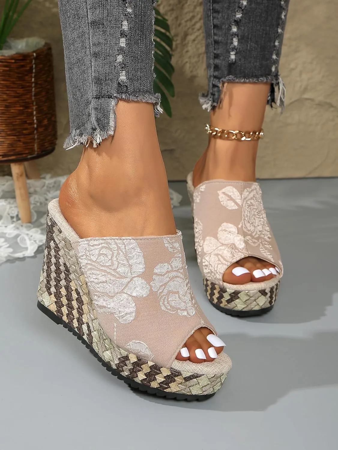 Women's Embroidered Floral Wedge Heel Mules - White Leather Upper, Woven Platform Sandals - Summer Casual Shoes for Vacation & Shopping