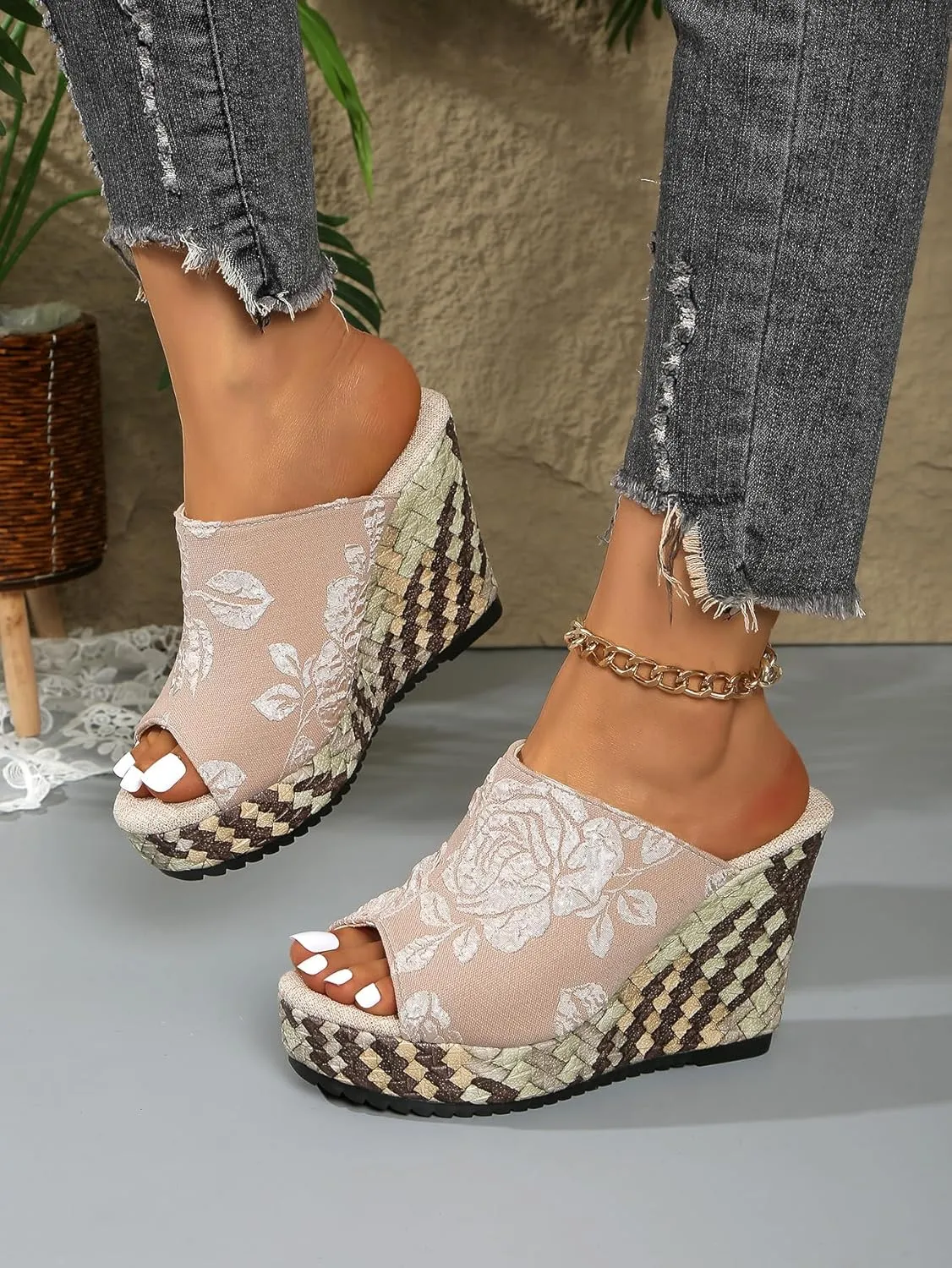Women's Embroidered Floral Wedge Heel Mules - White Leather Upper, Woven Platform Sandals - Summer Casual Shoes for Vacation & Shopping