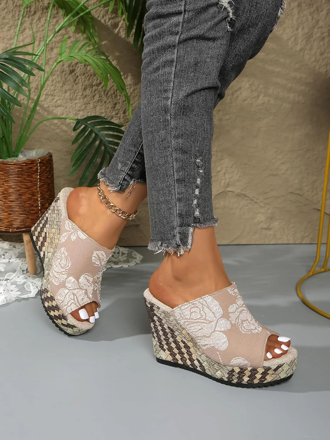 Women's Embroidered Floral Wedge Heel Mules - White Leather Upper, Woven Platform Sandals - Summer Casual Shoes for Vacation & Shopping