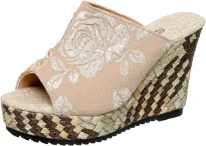 Women's Embroidered Floral Wedge Heel Mules - White Leather Upper, Woven Platform Sandals - Summer Casual Shoes for Vacation & Shopping