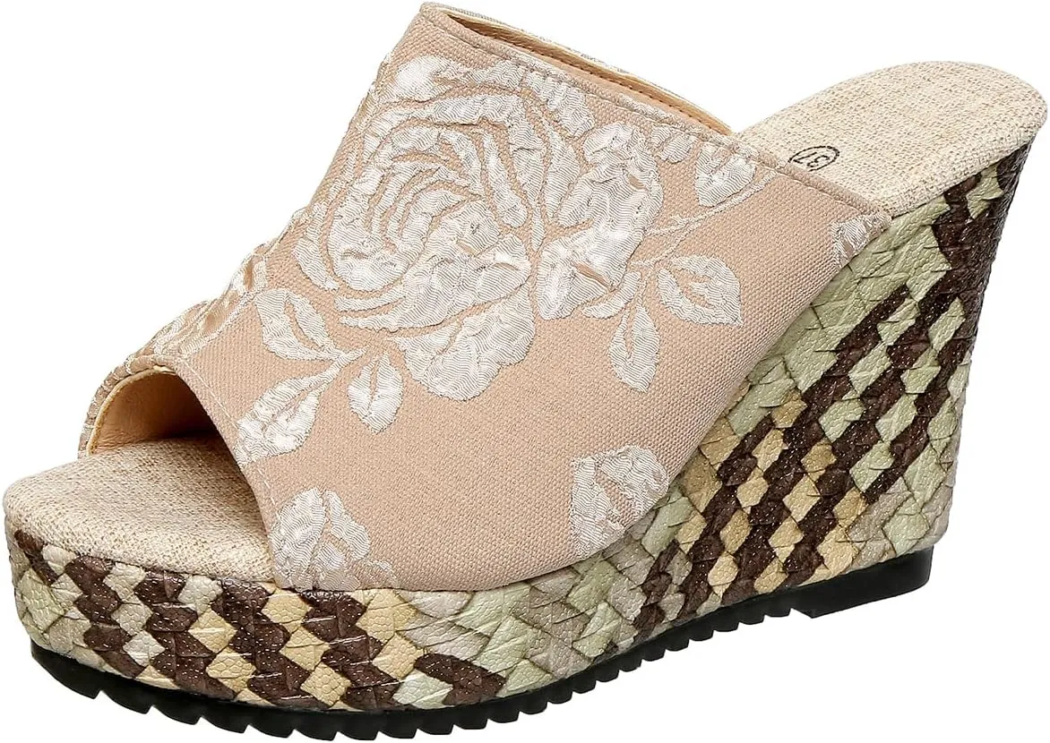 Women's Embroidered Floral Wedge Heel Mules - White Leather Upper, Woven Platform Sandals - Summer Casual Shoes for Vacation & Shopping