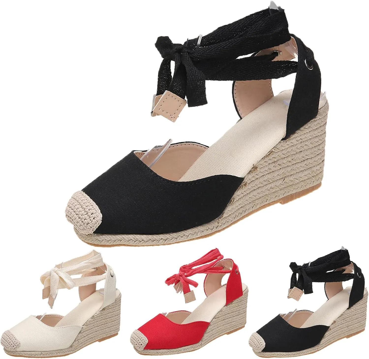Women's Espadrille Wedge Sandals Lace Up Closed Toe Sandal Ankle Strap Summer Shoes Platform Heeled Shoe Business Work Shoes Dressy Casual Slippers Walking Outdoor Slipper