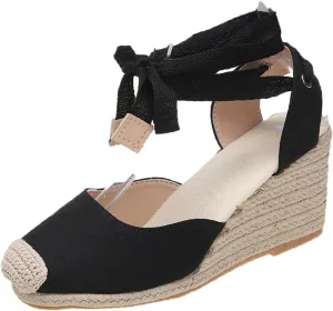 Women's Espadrille Wedge Sandals Lace Up Closed Toe Sandal Ankle Strap Summer Shoes Platform Heeled Shoe Business Work Shoes Dressy Casual Slippers Walking Outdoor Slipper