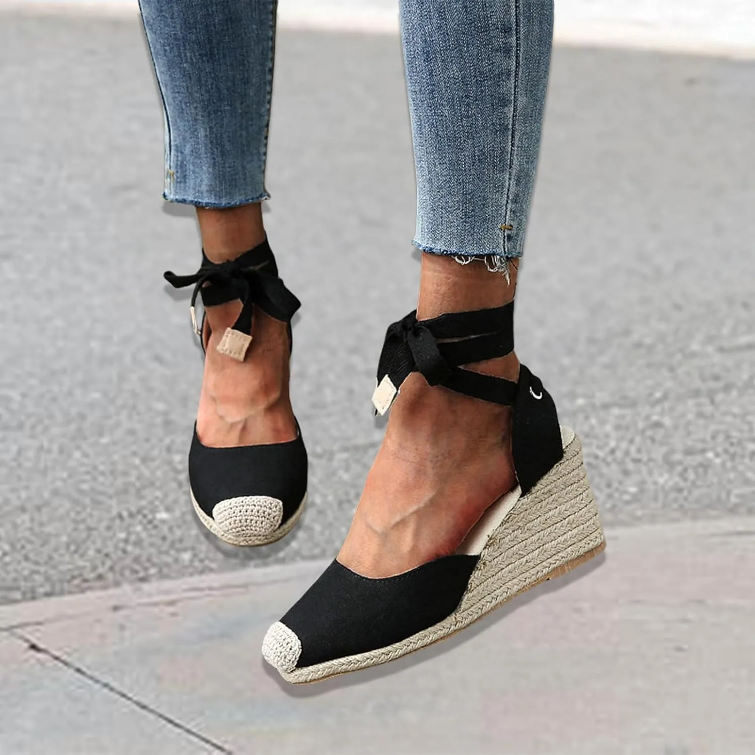 Women's Espadrille Wedge Sandals Lace Up Closed Toe Sandal Ankle Strap Summer Shoes Platform Heeled Shoe Business Work Shoes Dressy Casual Slippers Walking Outdoor Slipper