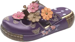 Women's Floral Clogs with Butterfly Print, Purple Leather Slip-On Mules, Decorative Multi-Color Flower Accents