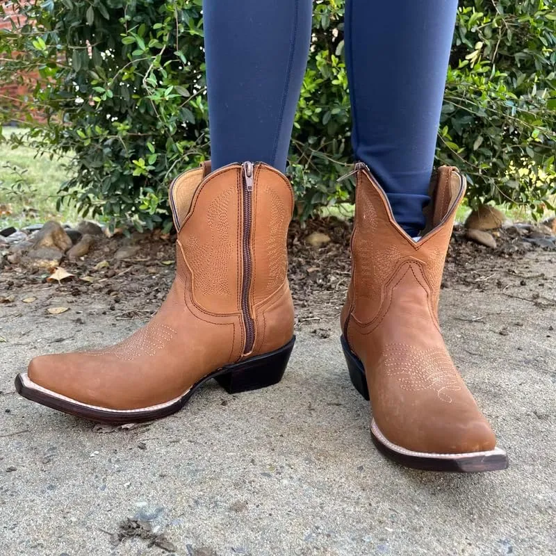 Women's Full Leather Snip & Square Toe Cowgirl Western Boots with Classic Luxury Leather Sole Bota con punta cuadrada para mujer