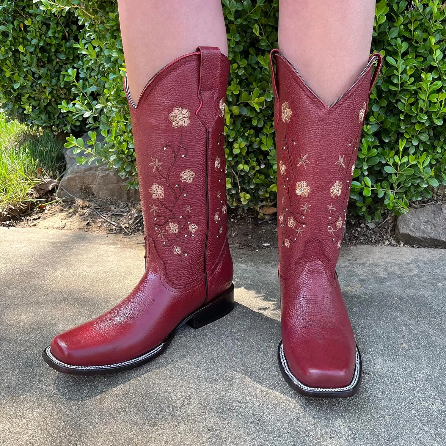 Women's Full Leather Snip & Square Toe Cowgirl Western Boots with Classic Luxury Leather Sole Bota con punta cuadrada para mujer
