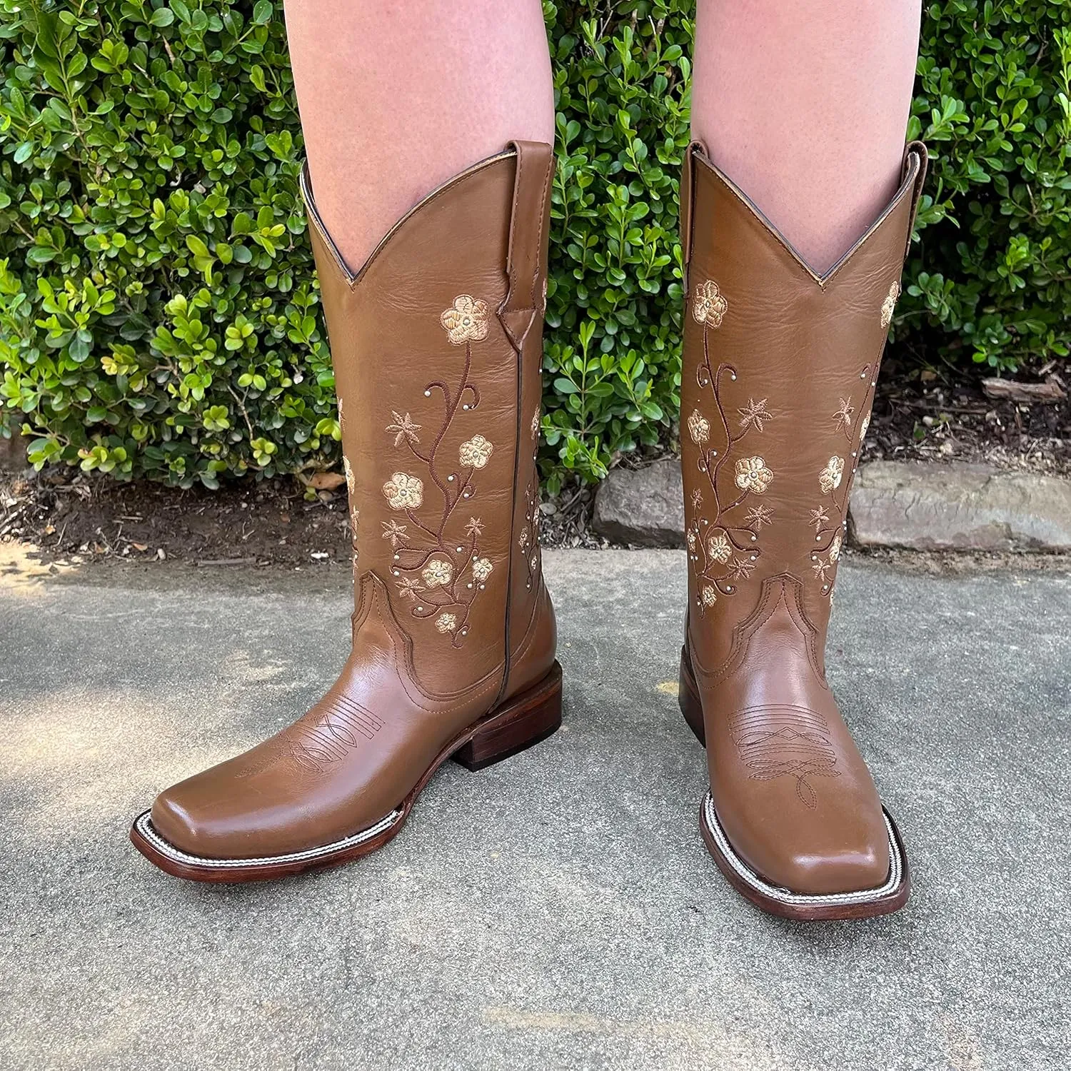 Women's Full Leather Snip & Square Toe Cowgirl Western Boots with Classic Luxury Leather Sole Bota con punta cuadrada para mujer