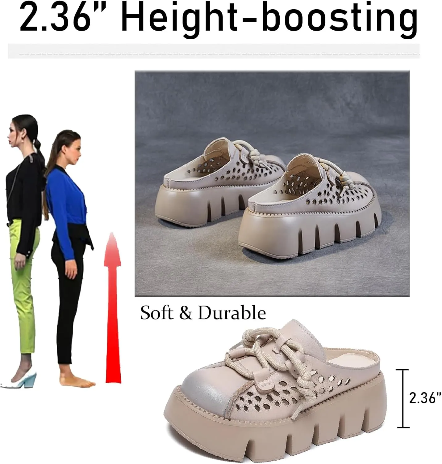 Women's Genuine Leather Hollow Platform Mules Sandals Fashion Lace Up Comfortable Closed Round Toe Slip-on Anti-slip Lug Sole Slides for Beach Walking Dress Slippers
