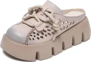 Women's Genuine Leather Hollow Platform Mules Sandals Fashion Lace Up Comfortable Closed Round Toe Slip-on Anti-slip Lug Sole Slides for Beach Walking Dress Slippers
