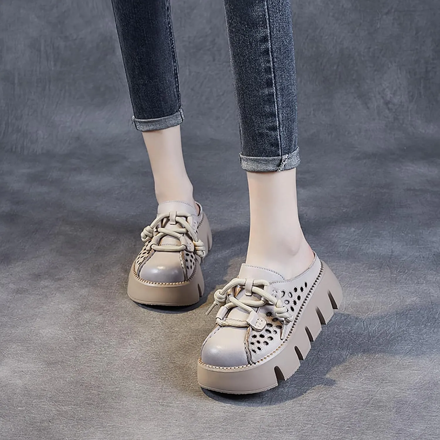 Women's Genuine Leather Hollow Platform Mules Sandals Fashion Lace Up Comfortable Closed Round Toe Slip-on Anti-slip Lug Sole Slides for Beach Walking Dress Slippers