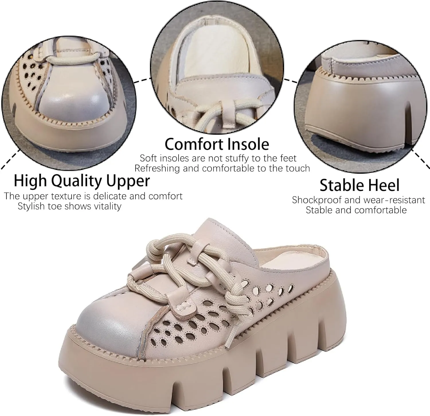 Women's Genuine Leather Hollow Platform Mules Sandals Fashion Lace Up Comfortable Closed Round Toe Slip-on Anti-slip Lug Sole Slides for Beach Walking Dress Slippers