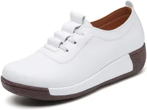 Women's Genuine Leather Lace-up Wedge Sneakers Fashion Breathable Low Top Platform Slip-on Casual Walking Shoes Comfortable Round Toe Non-Slip Work Rocker Shoes