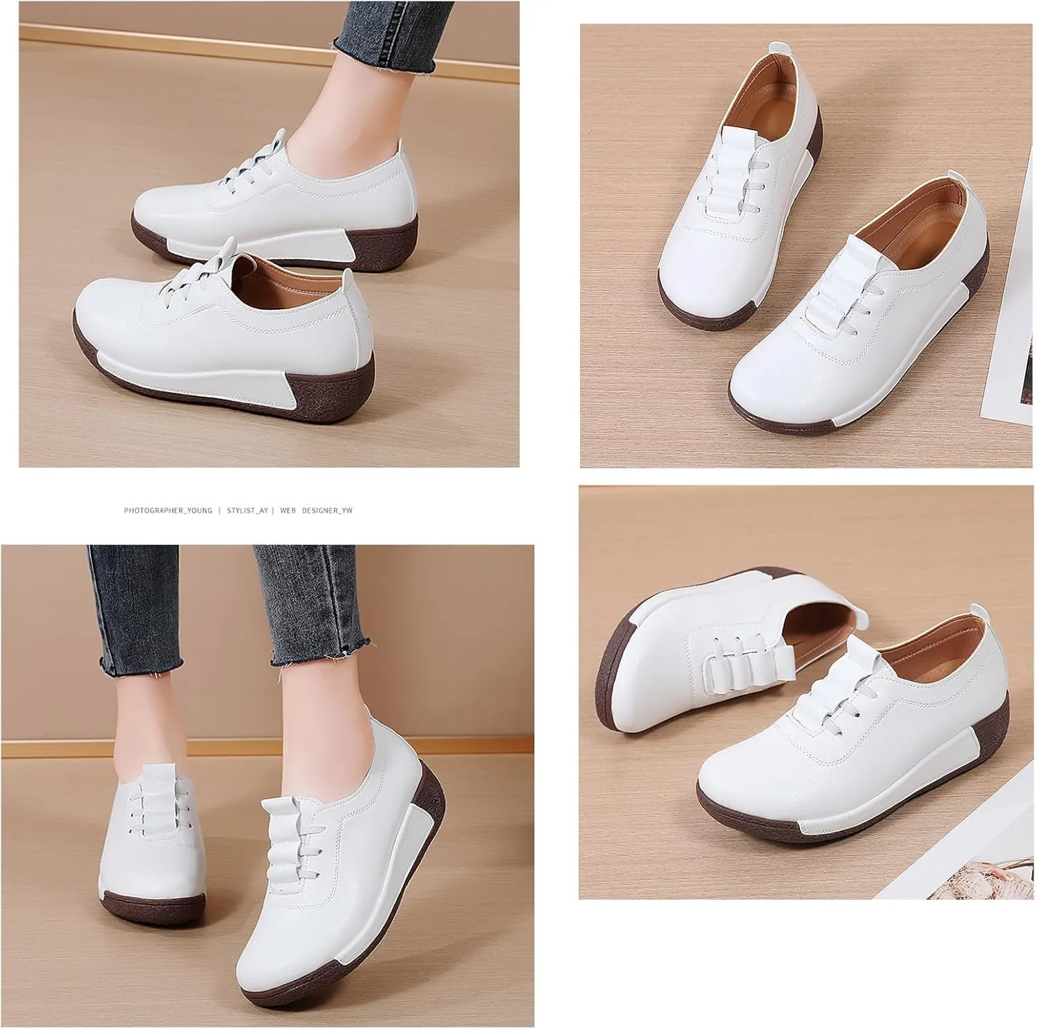 Women's Genuine Leather Lace-up Wedge Sneakers Fashion Breathable Low Top Platform Slip-on Casual Walking Shoes Comfortable Round Toe Non-Slip Work Rocker Shoes