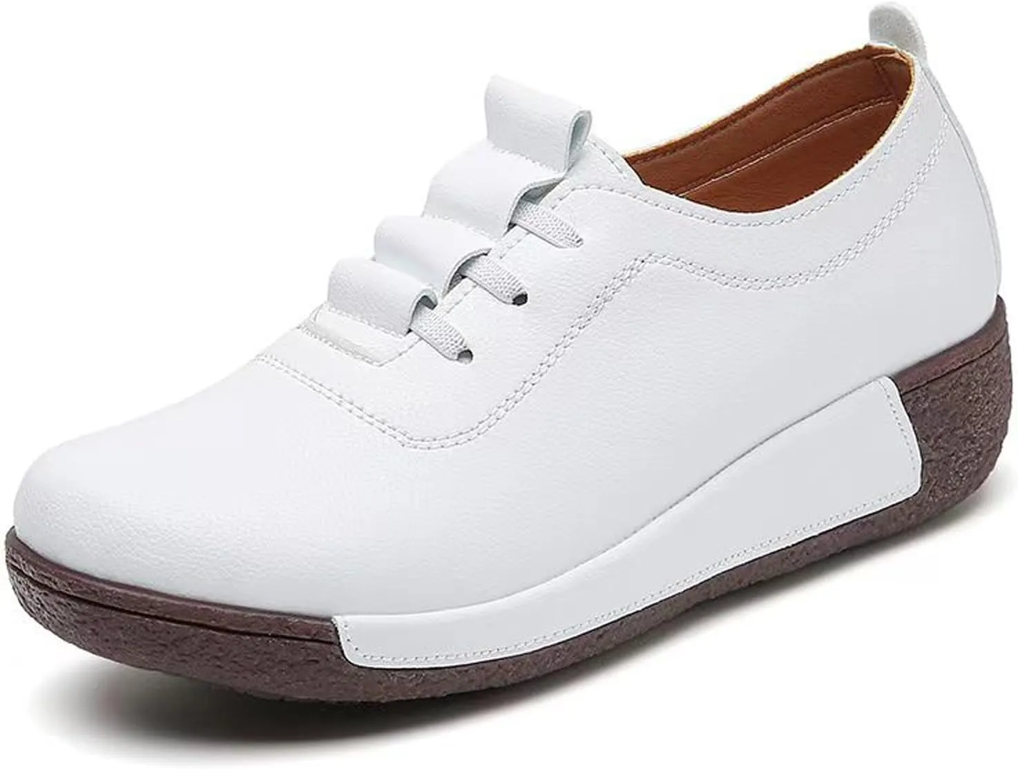 Women's Genuine Leather Lace-up Wedge Sneakers Fashion Breathable Low Top Platform Slip-on Casual Walking Shoes Comfortable Round Toe Non-Slip Work Rocker Shoes