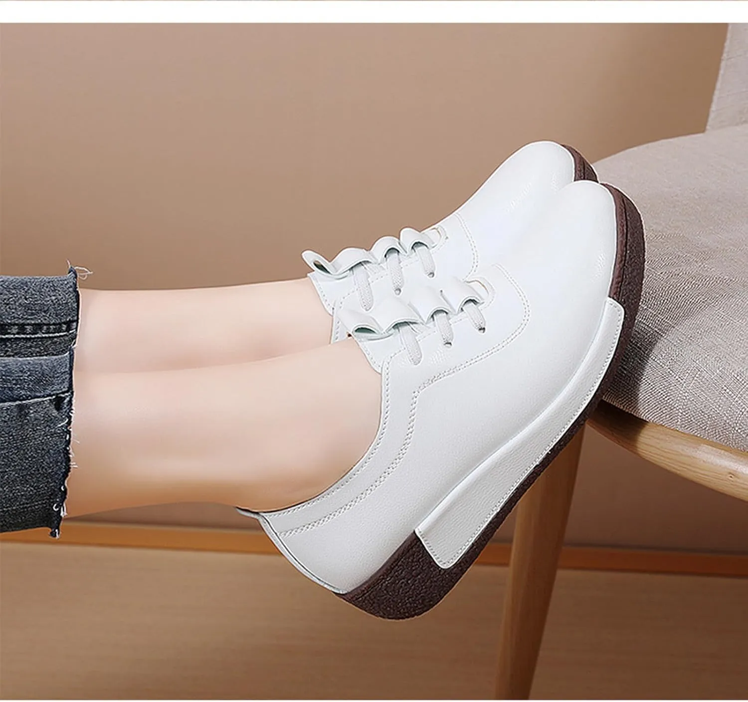 Women's Genuine Leather Lace-up Wedge Sneakers Fashion Breathable Low Top Platform Slip-on Casual Walking Shoes Comfortable Round Toe Non-Slip Work Rocker Shoes