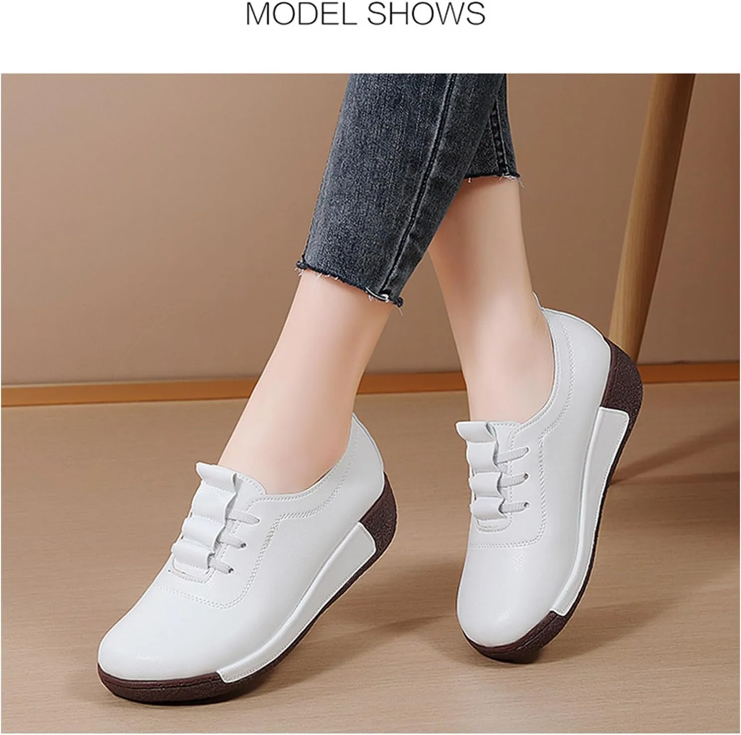 Women's Genuine Leather Lace-up Wedge Sneakers Fashion Breathable Low Top Platform Slip-on Casual Walking Shoes Comfortable Round Toe Non-Slip Work Rocker Shoes