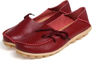 Women's Genuine Leather Lightweight Loafers Comfortable Slip On Tie-Bow Moccasins Wide Width Flats Shoes Breathable Anti Slip Beef Tendon Bottom Walking Boat Shoe