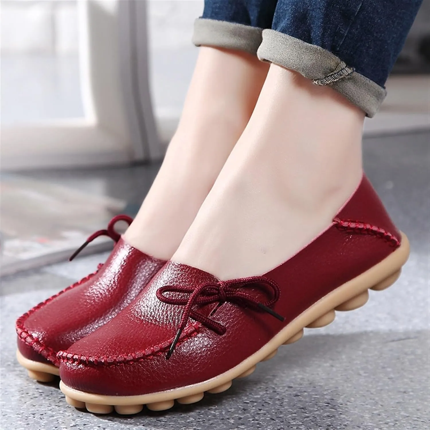 Women's Genuine Leather Lightweight Loafers Comfortable Slip On Tie-Bow Moccasins Wide Width Flats Shoes Breathable Anti Slip Beef Tendon Bottom Walking Boat Shoe