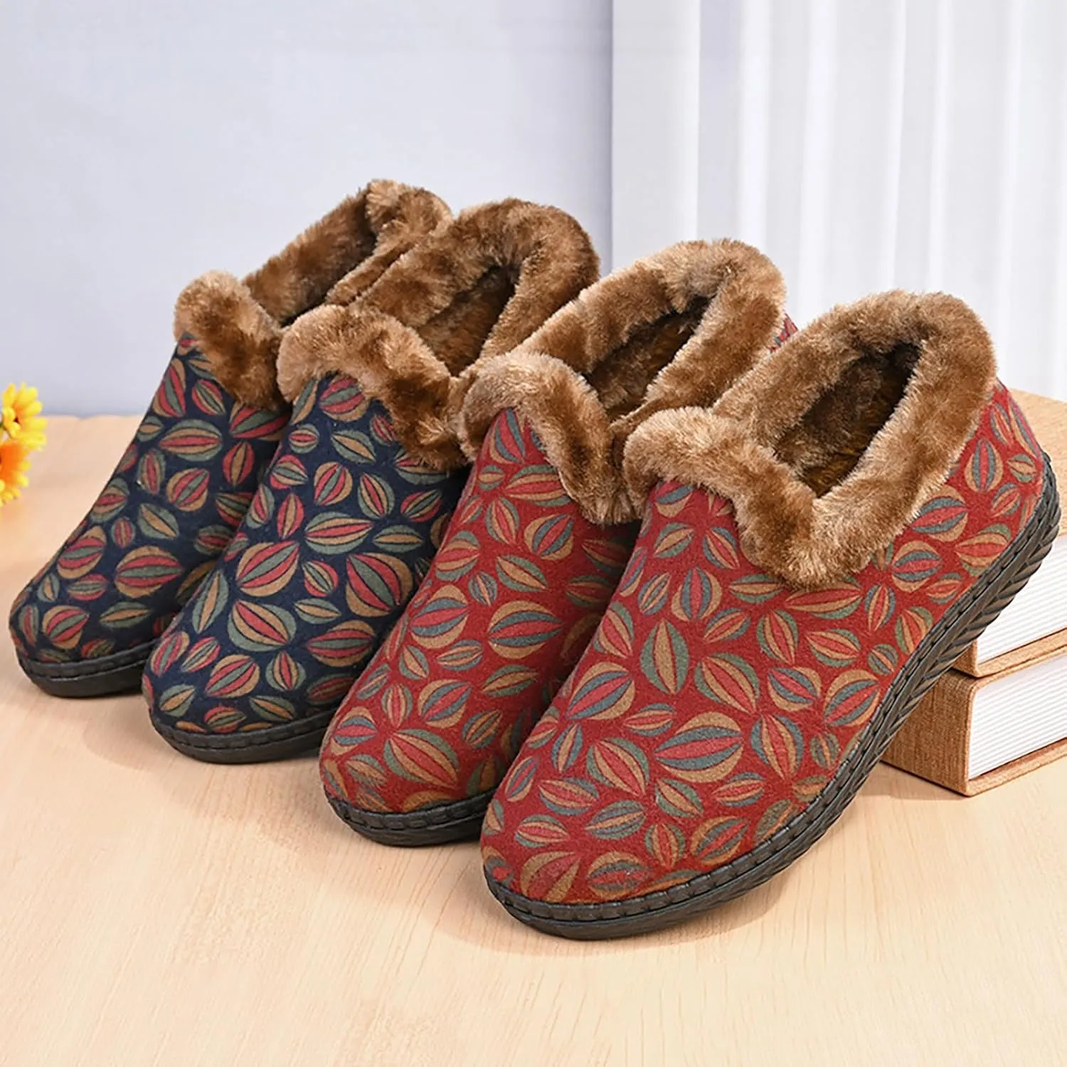 Womens Insulated Hiking Boots Deer Prints Flat Round Toe Lazy Suede Shoes Snow Boots Boots Womens