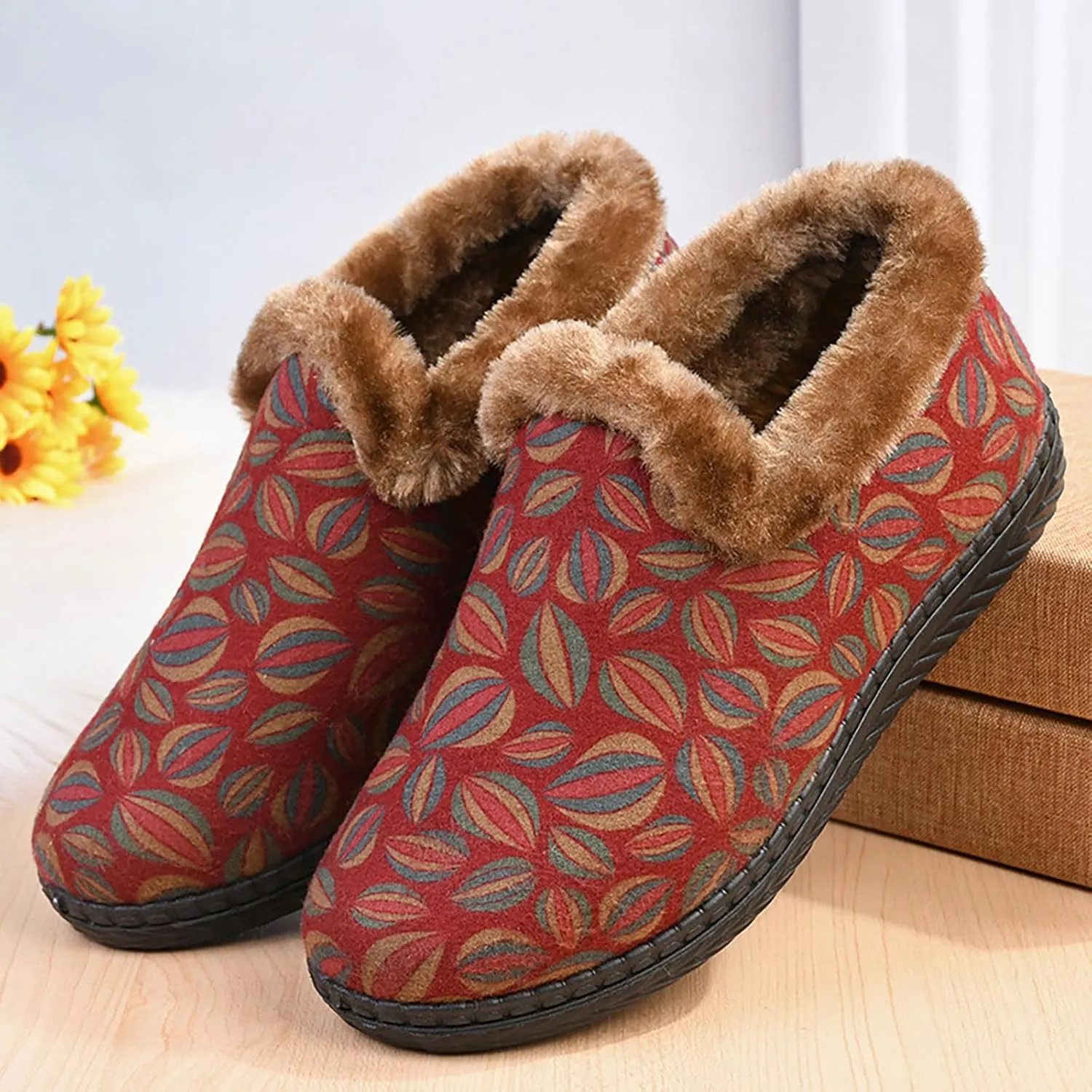 Womens Insulated Hiking Boots Deer Prints Flat Round Toe Lazy Suede Shoes Snow Boots Boots Womens
