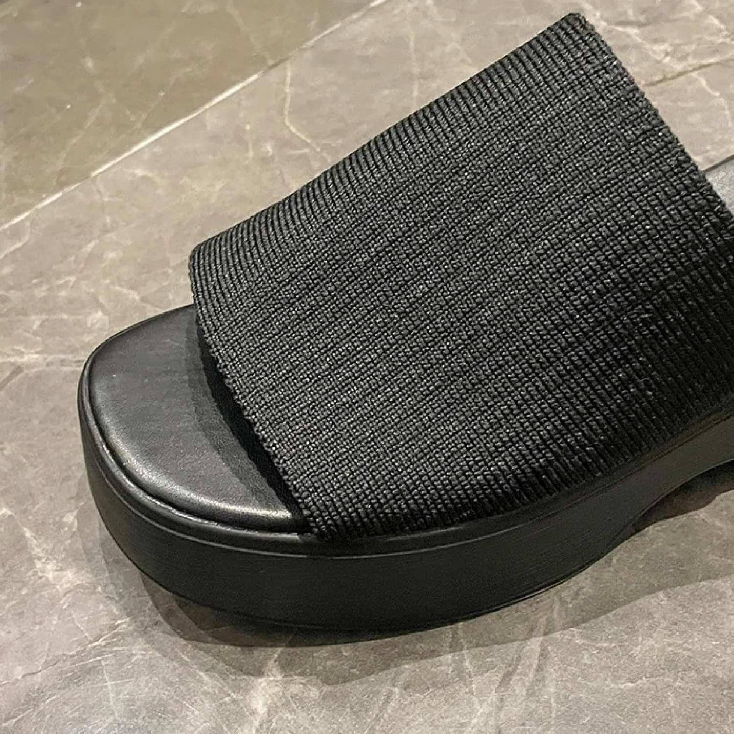 Women's Knit One Strap Platform Low Heel Slide Sandal Comfortable Breathable Open Round Toe Slip On Elastic Band Wedges Sandals Summer Outdoor Casual Mules