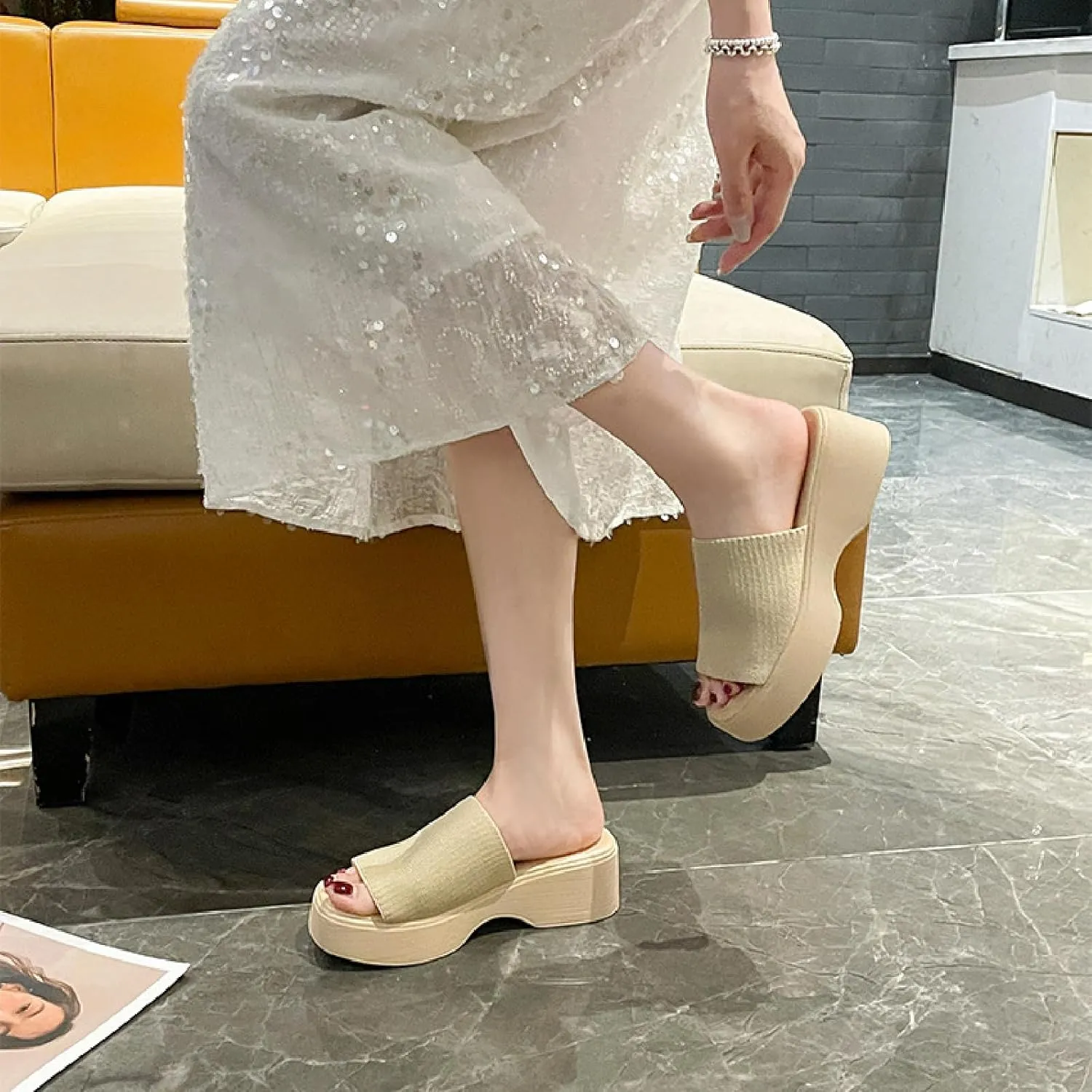Women's Knit One Strap Platform Low Heel Slide Sandal Comfortable Breathable Open Round Toe Slip On Elastic Band Wedges Sandals Summer Outdoor Casual Mules