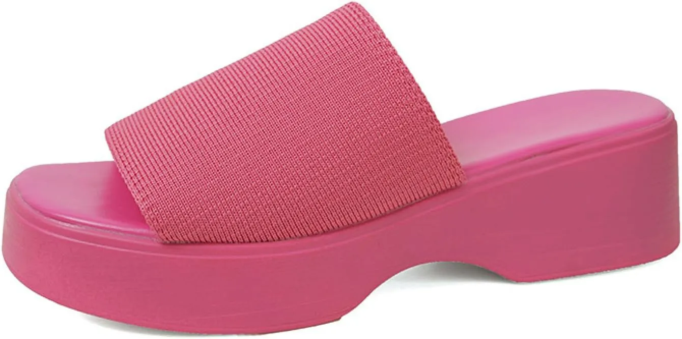 Women's Knit One Strap Platform Low Heel Slide Sandal Comfortable Breathable Open Round Toe Slip On Elastic Band Wedges Sandals Summer Outdoor Casual Mules