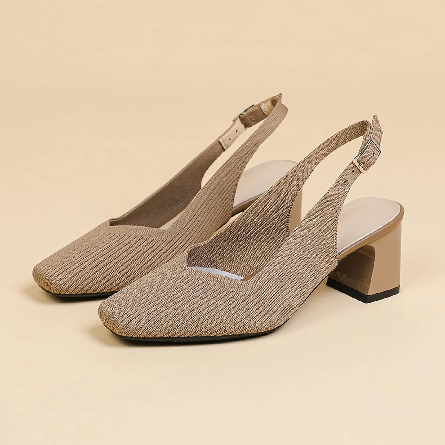 Women's Knit Slingback Heels Pumps with Adjust Ankle Strap Fashion Breathable Closed Square Toe Chunky Heel Mules Sandals Work Office Wedding Dressy Shoes