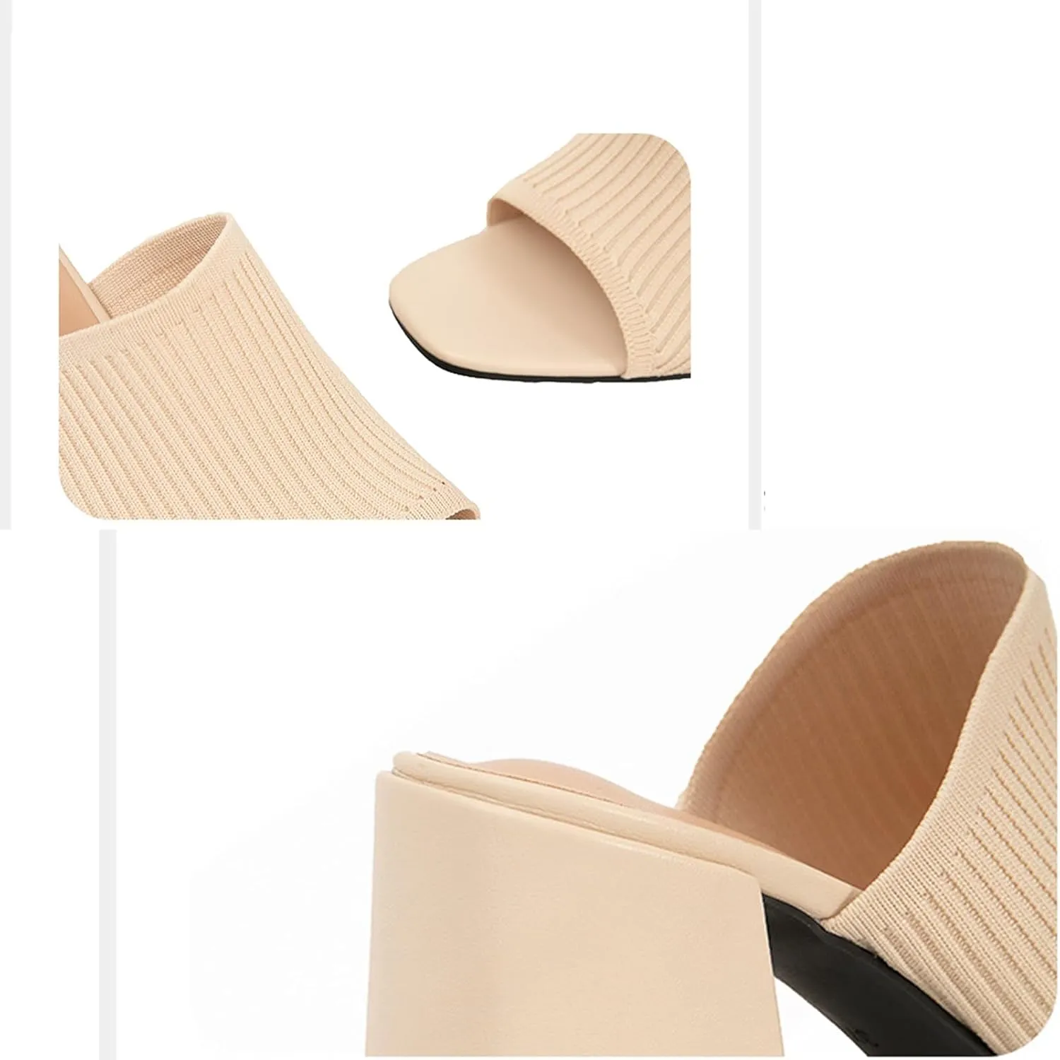 Women's Knitted Fish Mouth Chunky Heel Sandals Comfortable and Breathable Square Head Open Toe Block Heel Slip-On Heeled Mules Formal Party Work Sandals