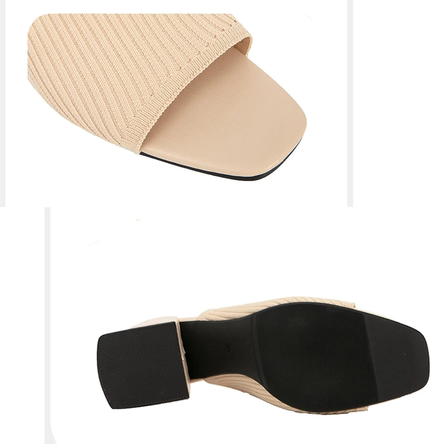 Women's Knitted Fish Mouth Chunky Heel Sandals Comfortable and Breathable Square Head Open Toe Block Heel Slip-On Heeled Mules Formal Party Work Sandals
