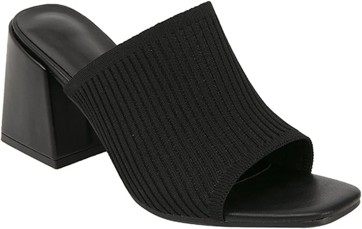 Women's Knitted Fish Mouth Chunky Heel Sandals Comfortable and Breathable Square Head Open Toe Block Heel Slip-On Heeled Mules Formal Party Work Sandals