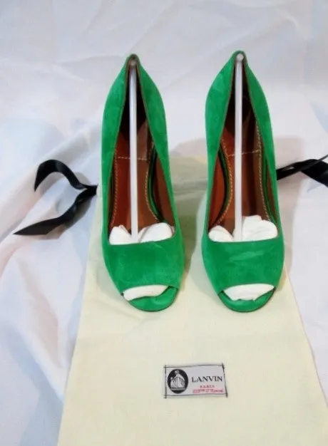 Womens LANVIN ETE 2010 Peep Toe Pump Suede Shoe GREEN 36 / 6 Leather