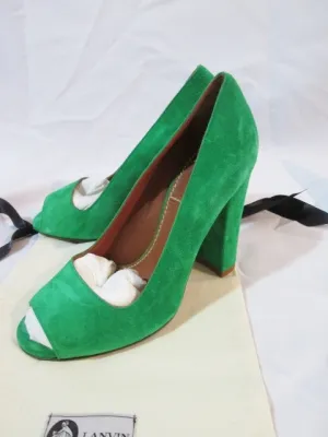 Womens LANVIN ETE 2010 Peep Toe Pump Suede Shoe GREEN 36 / 6 Leather