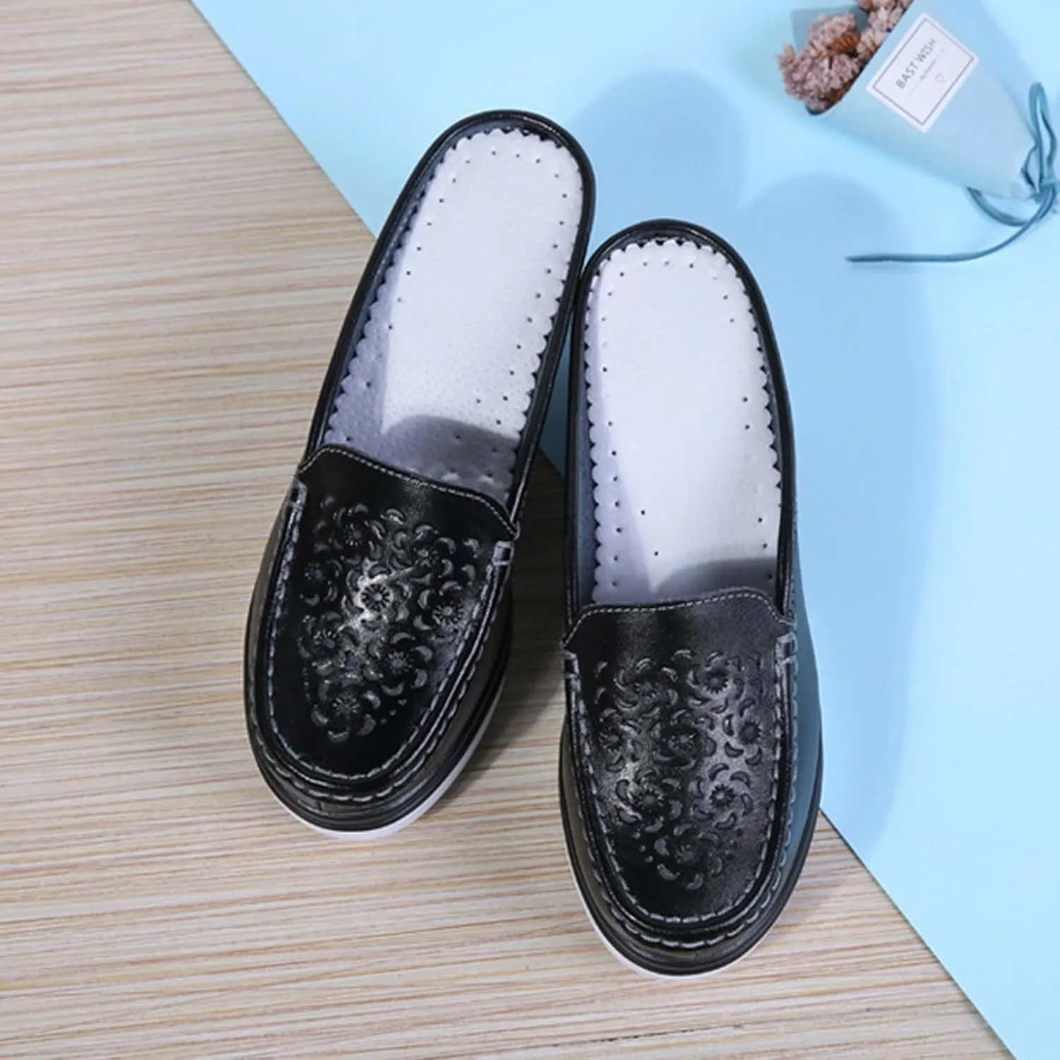 Women's Leather Hollow Platform Increase Height Mules,Comfortable Slip On Elegant Wedge Walking Sandals Closed Toe Backless Fashion Casual Breathable Beach Slippers