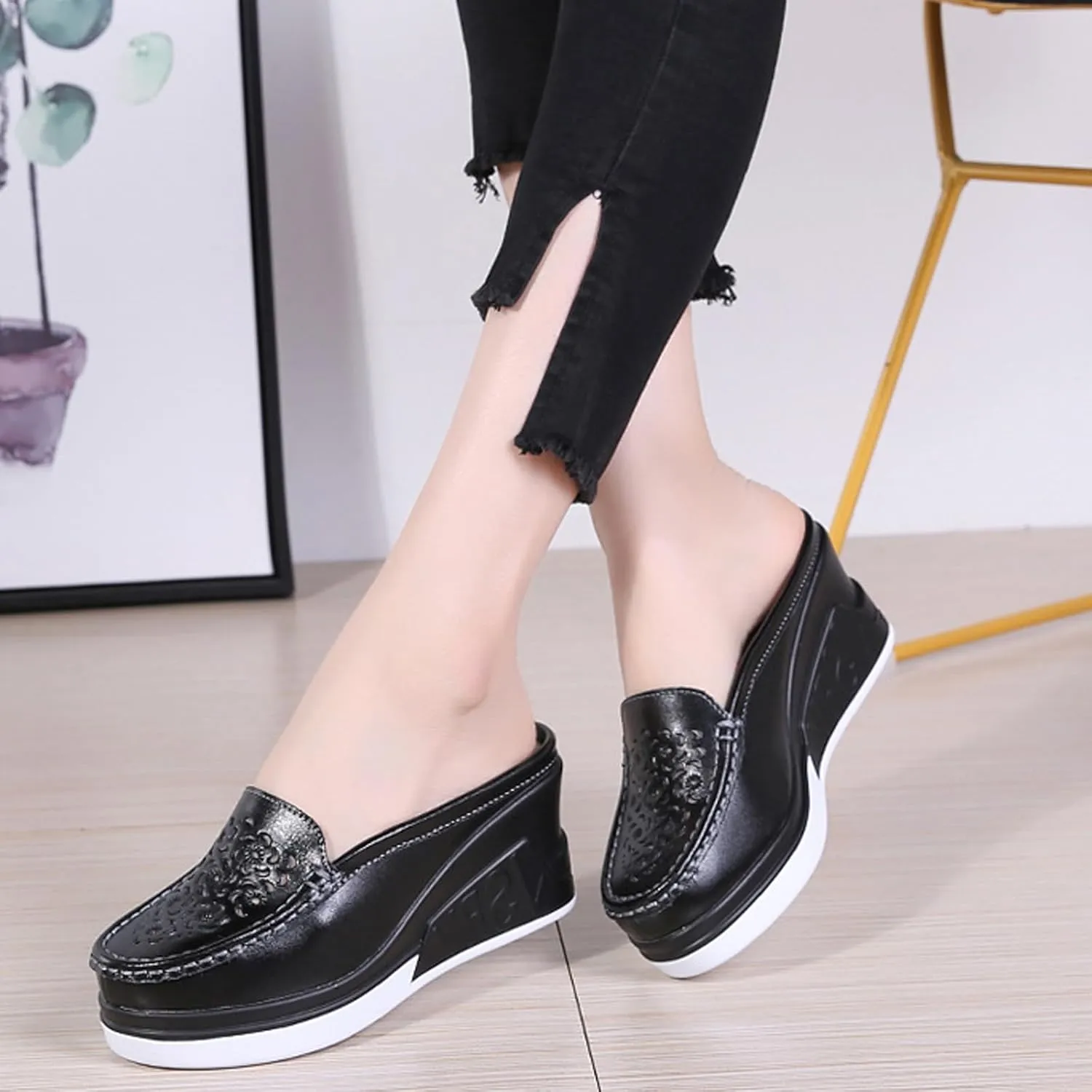 Women's Leather Hollow Platform Increase Height Mules,Comfortable Slip On Elegant Wedge Walking Sandals Closed Toe Backless Fashion Casual Breathable Beach Slippers