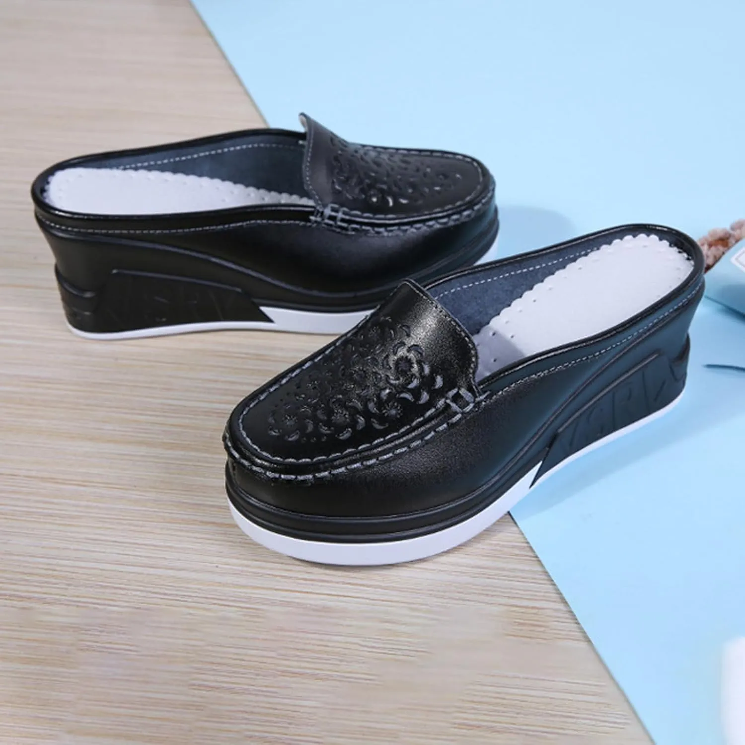Women's Leather Hollow Platform Increase Height Mules,Comfortable Slip On Elegant Wedge Walking Sandals Closed Toe Backless Fashion Casual Breathable Beach Slippers