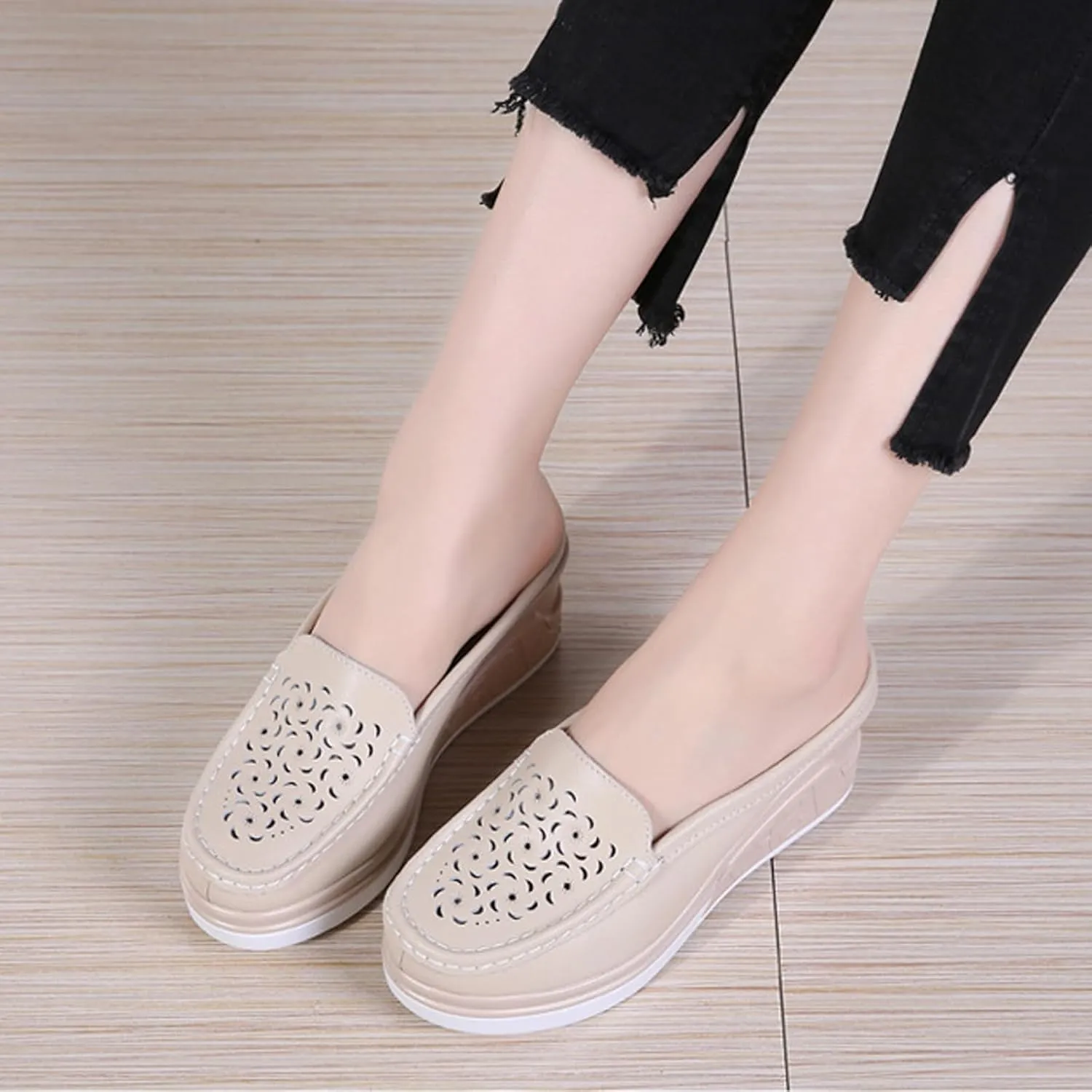 Women's Leather Hollow Platform Increase Height Mules,Comfortable Slip On Elegant Wedge Walking Sandals Closed Toe Backless Fashion Casual Breathable Beach Slippers