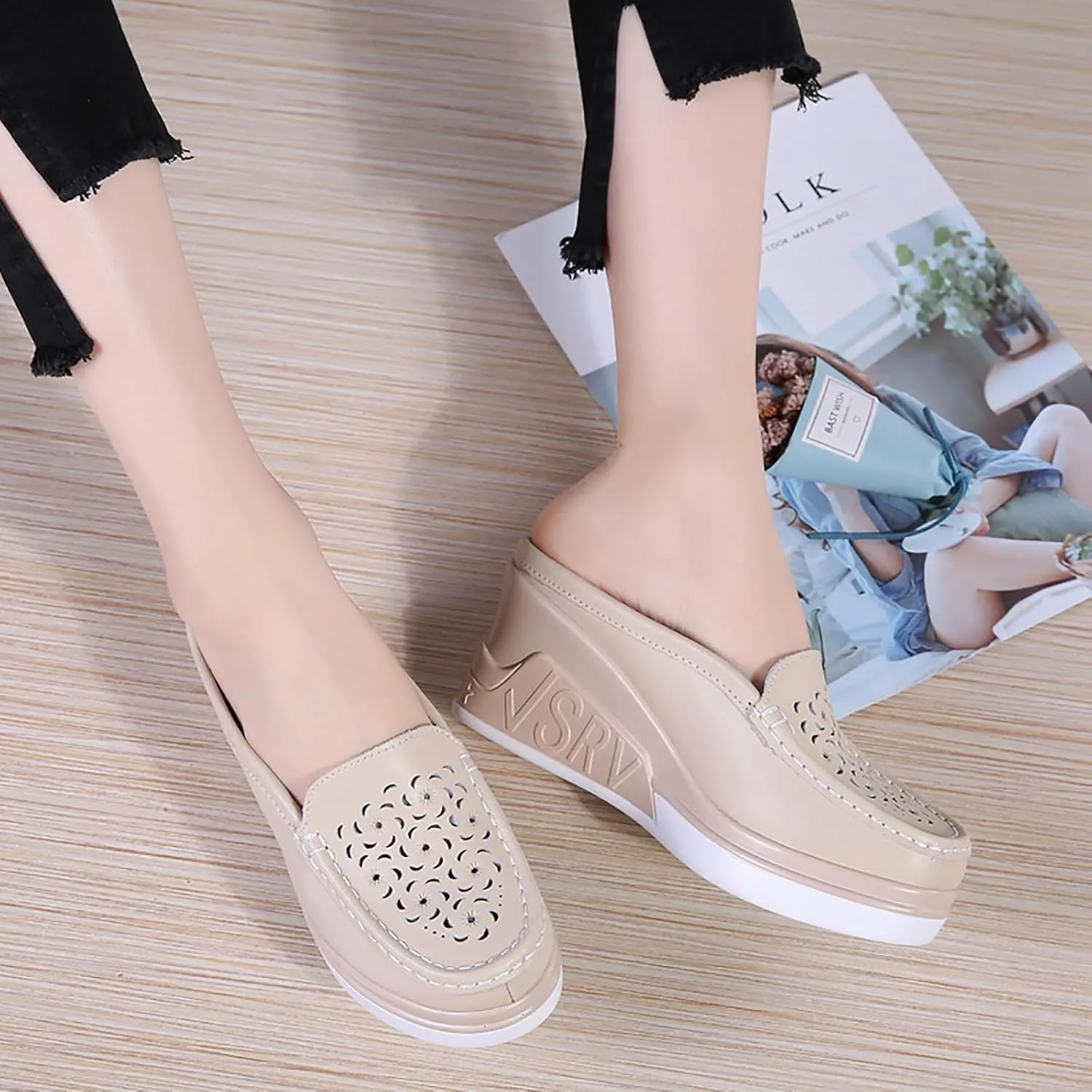 Women's Leather Hollow Platform Increase Height Mules,Comfortable Slip On Elegant Wedge Walking Sandals Closed Toe Backless Fashion Casual Breathable Beach Slippers