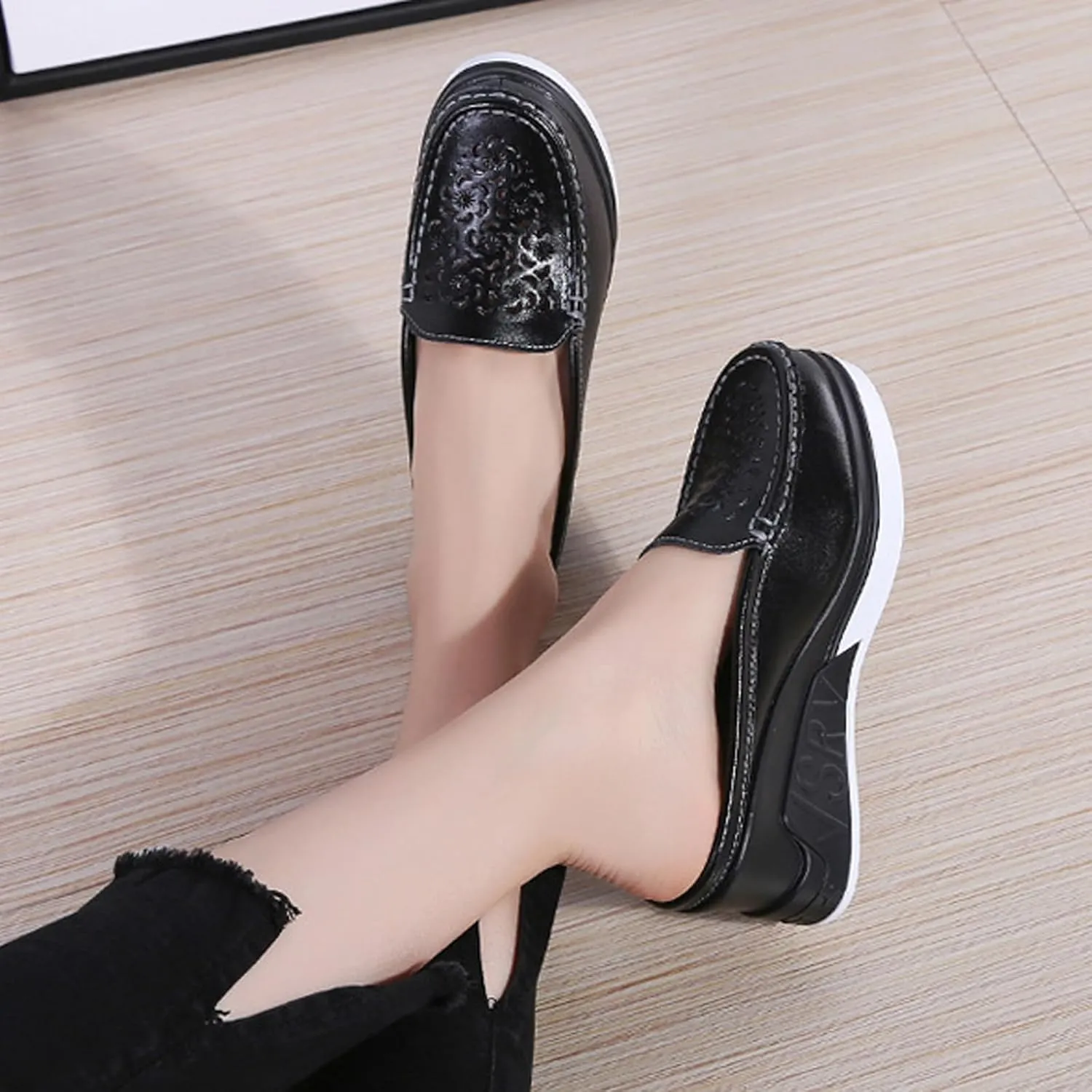Women's Leather Hollow Platform Increase Height Mules,Comfortable Slip On Elegant Wedge Walking Sandals Closed Toe Backless Fashion Casual Breathable Beach Slippers