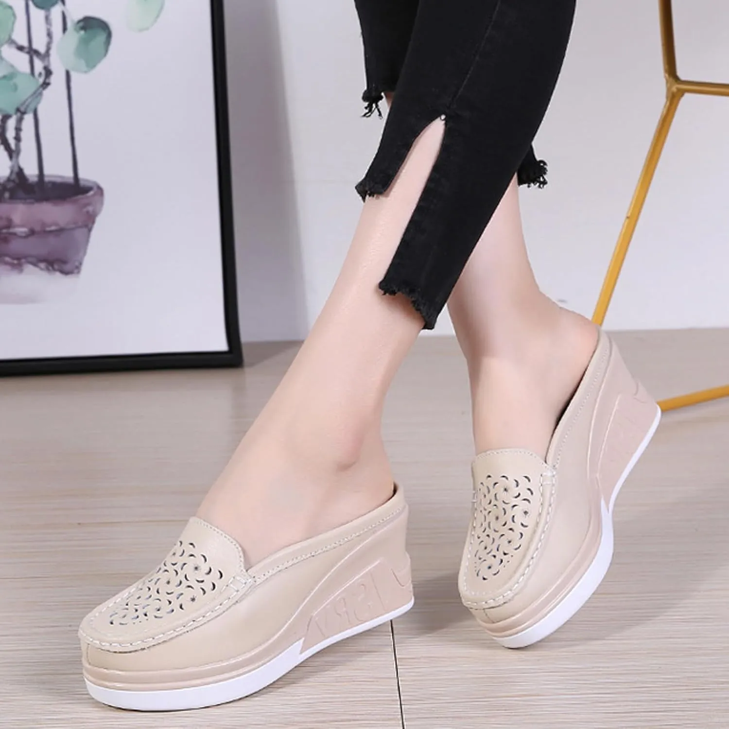 Women's Leather Hollow Platform Increase Height Mules,Comfortable Slip On Elegant Wedge Walking Sandals Closed Toe Backless Fashion Casual Breathable Beach Slippers