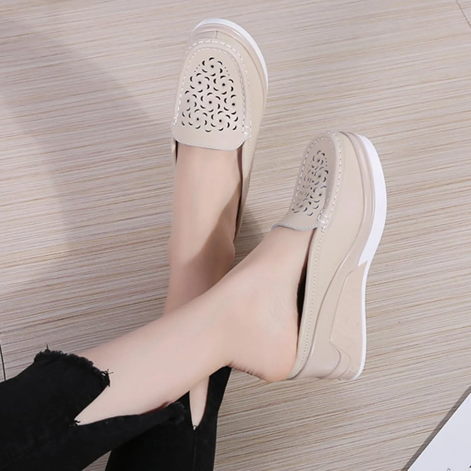 Women's Leather Hollow Platform Increase Height Mules,Comfortable Slip On Elegant Wedge Walking Sandals Closed Toe Backless Fashion Casual Breathable Beach Slippers