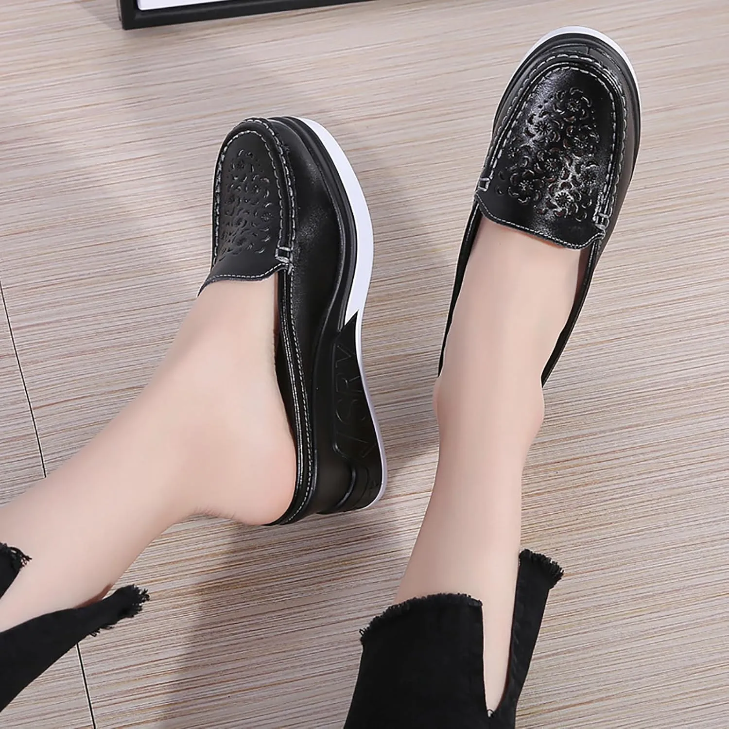 Women's Leather Hollow Platform Increase Height Mules,Comfortable Slip On Elegant Wedge Walking Sandals Closed Toe Backless Fashion Casual Breathable Beach Slippers