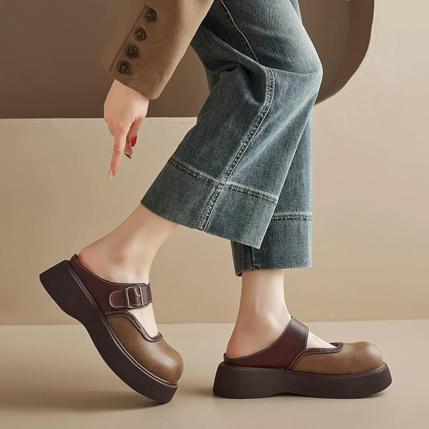 Women's Leather Platform Clogs Closed Wide Round Toe Adjustable Strap Slingback Slip On Comfort Soft Bottom Wedge Mules