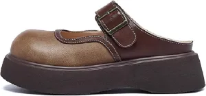 Women's Leather Platform Clogs Closed Wide Round Toe Adjustable Strap Slingback Slip On Comfort Soft Bottom Wedge Mules