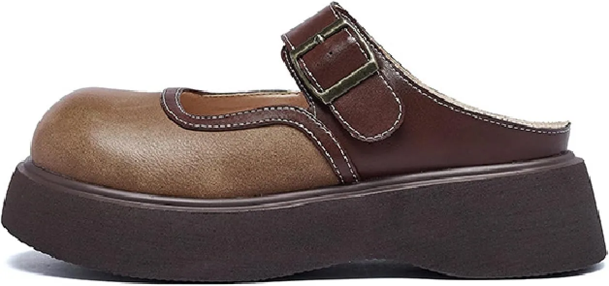 Women's Leather Platform Clogs Closed Wide Round Toe Adjustable Strap Slingback Slip On Comfort Soft Bottom Wedge Mules