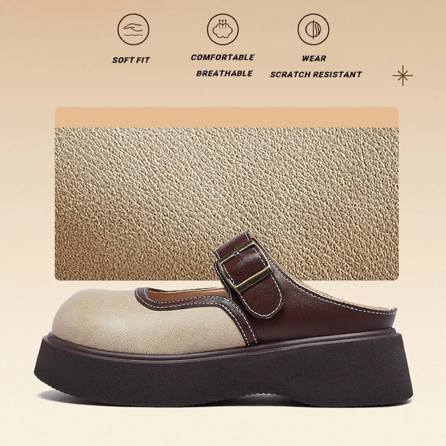 Women's Leather Platform Clogs Closed Wide Round Toe Adjustable Strap Slingback Slip On Comfort Soft Bottom Wedge Mules