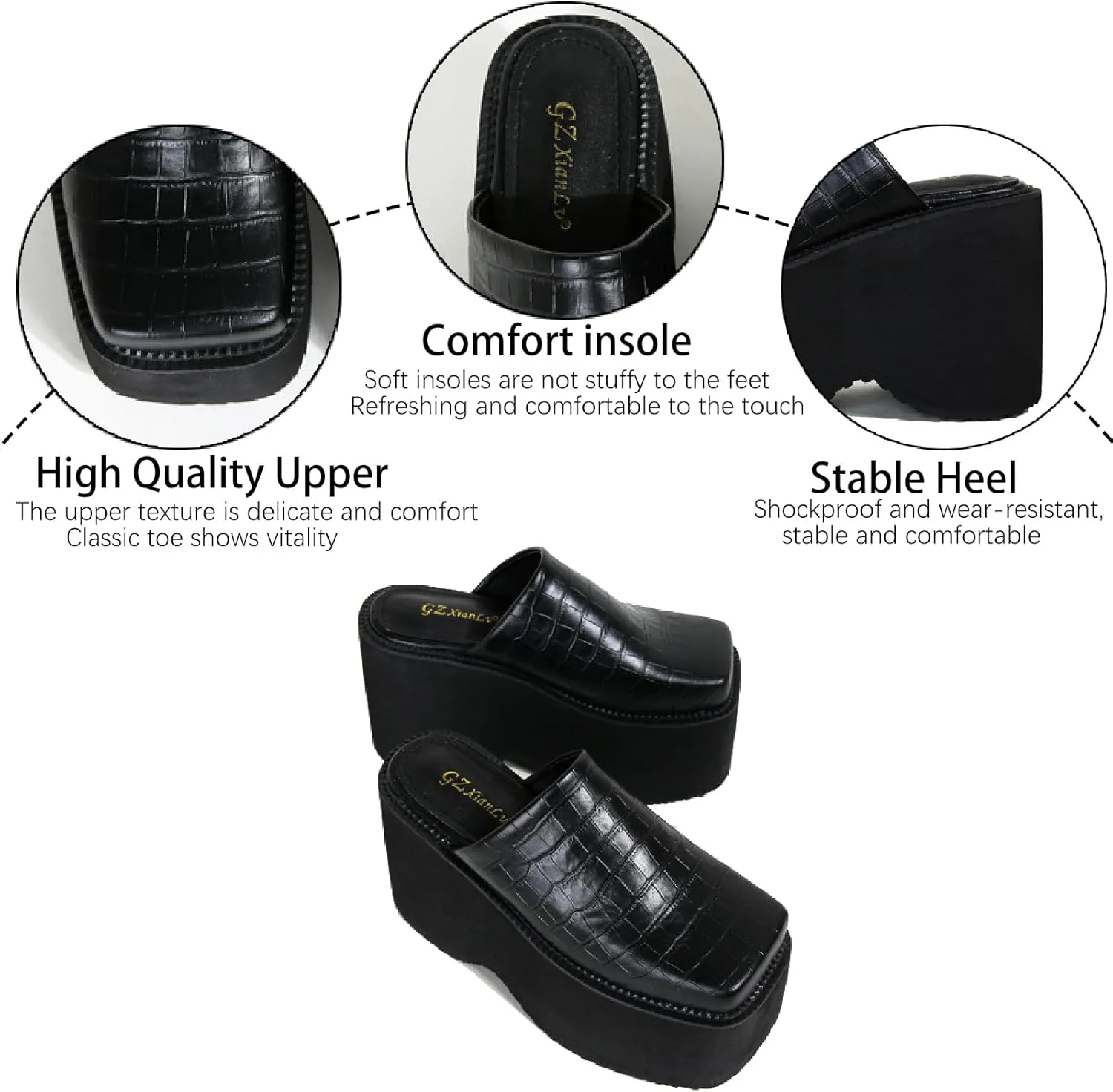 Women's Leather Print Platform High Heel Mules Fashion Closed Square Toe Slip On Wear-Resistant Chunky Increase Height Clogs for Outdoor Office Dress Slippers