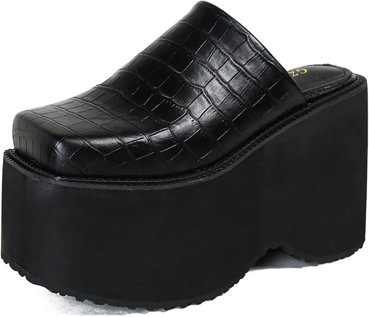 Women's Leather Print Platform High Heel Mules Fashion Closed Square Toe Slip On Wear-Resistant Chunky Increase Height Clogs for Outdoor Office Dress Slippers